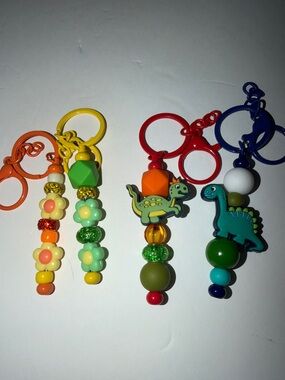 Colorful Dino and Flower Keychain Set - Multicolor Accessories 4 lot